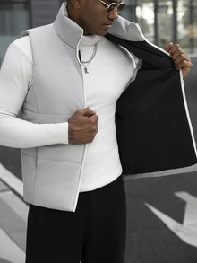 Manfinity CasualCool Men's Solid Color Zipper Front Casual Winter Vest Jacket - Light Grey - View 6