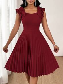 SHEIN Lady 2025 New Women's Burgundy Ruffle Hem Pleated Fashion Mini Elegant Dress Women Dresses For Midi Christmas - Burgundy - View 6