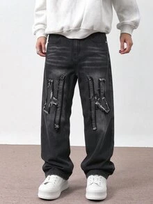 Manfinity Denimwave Men's Letter Patchwork Embroidered Raw Edge Black Washed Denim Straight Leg Jeans, Goth - Dark Grey - View 3