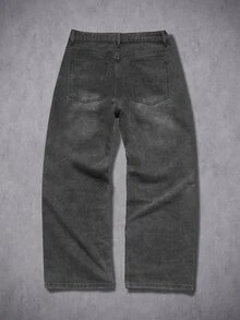 Manfinity Denimwave Men's Letter Patchwork Embroidered Raw Edge Black Washed Denim Straight Leg Jeans, Goth - Dark Grey - View 2