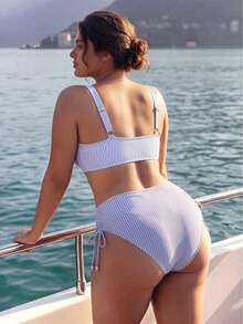 Swim Vcay Plus Size Vacation Beaded Baby Blue Tank Top And Triangle Bikini Bottom Swimsuit Set Beach Party Summer Elegant Modest Plus Size - Blue and White - View 2