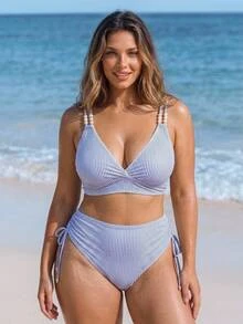Swim Vcay Plus Size Vacation Beaded Baby Blue Tank Top And Triangle Bikini Bottom Swimsuit Set Beach Party Summer Elegant Modest Plus Size - Blue and White - View 1