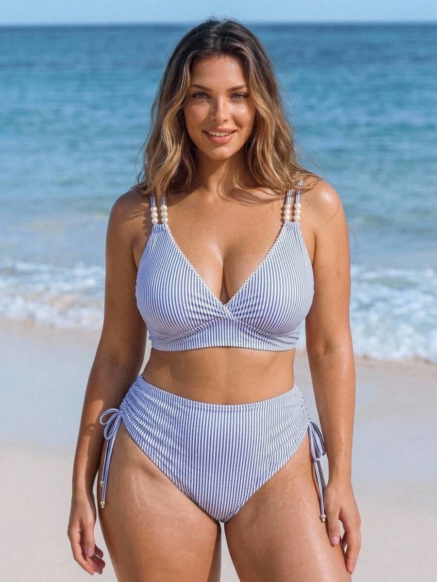 Swim Vcay Plus Size Vacation Beaded Baby Blue Tank Top And Triangle Bikini Bottom Swimsuit Set Beach Party Summer Elegant Modest Plus Size - Blue and White - View 1