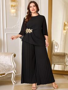 Reflora Plus Size Women's Applique Top And Wide Leg Pants Casual 2 Pieces Set - Black - View 5