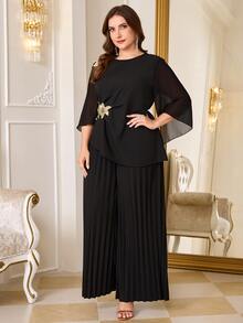 Reflora Plus Size Women's Applique Top And Wide Leg Pants Casual 2 Pieces Set - Black - View 6