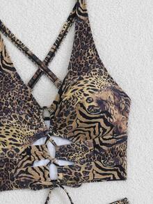 Slaydiva Plus Size Women Summer Beach Leopard Print Sexy Tankini & Triangle Tankini Bottom 2-Piece Swimsuit Set - Multicolor - View 6