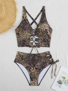 Slaydiva Plus Size Women Summer Beach Leopard Print Sexy Tankini & Triangle Tankini Bottom 2-Piece Swimsuit Set - Multicolor - View 2