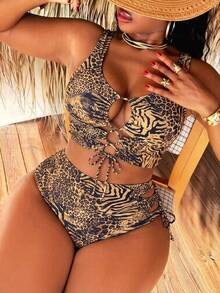 Slaydiva Plus Size Women Summer Beach Leopard Print Sexy Tankini & Triangle Tankini Bottom 2-Piece Swimsuit Set - Multicolor - View 1