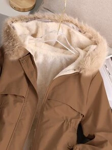 SHEIN 青少年女孩長袖抓絨外套，厚實保暖內裡，優雅簡約時尚，毛領長款戶外夾克，適合秋冬穿著 - 棕色 - 查看 8
