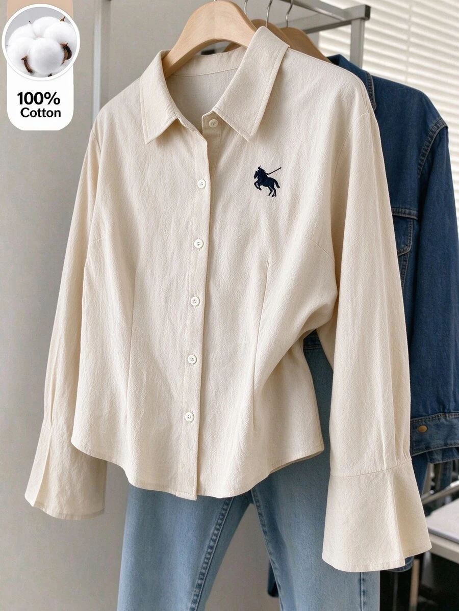 SHEIN 青少年女孩長袖領口白色襯衫 100%純棉，休閒街頭風學院風騎士刺繡 日常（春/秋）正式派對