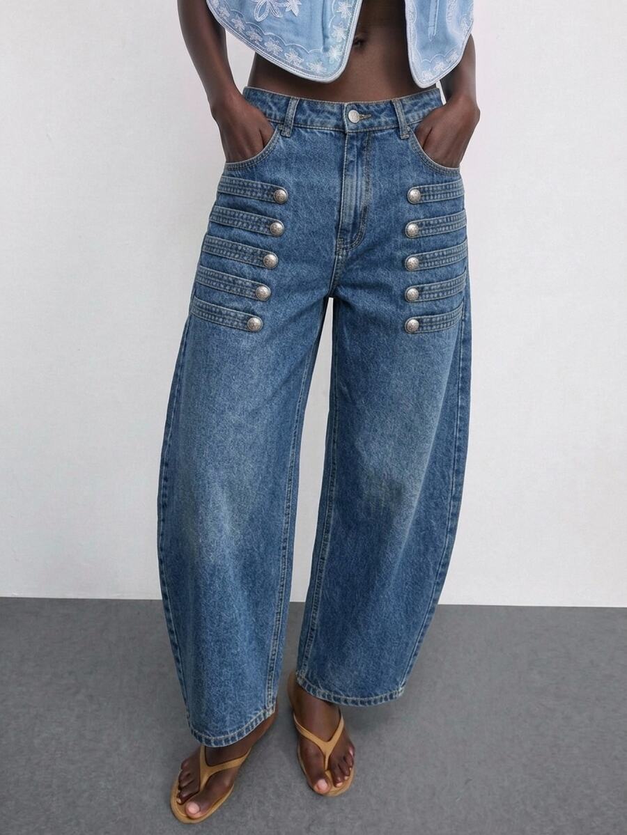 Maija Women's Baggy Wide Leg Denim Jeans With Double Row Button Tab Detail And Pockets, Casual Loose Fit - Medium Wash - View 1