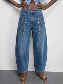 Maija Women's Baggy Wide Leg Denim Jeans With Double Row Button Tab Detail And Pockets, Casual Loose Fit - Medium Wash - View 9