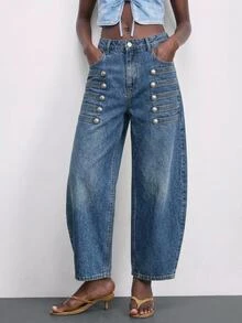 Maija Women's Baggy Wide Leg Denim Jeans With Double Row Button Tab Detail And Pockets, Casual Loose Fit - Medium Wash - View 5