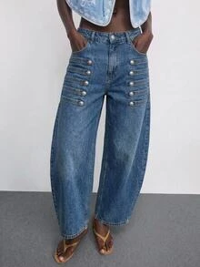 Maija Women's Baggy Wide Leg Denim Jeans With Double Row Button Tab Detail And Pockets, Casual Loose Fit - Medium Wash - View 8