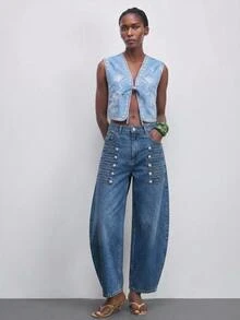 Maija Women's Baggy Wide Leg Denim Jeans With Double Row Button Tab Detail And Pockets, Casual Loose Fit - Medium Wash - View 6