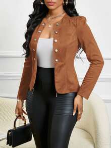 SHEIN Lady Four Season/ Attire/ Suede Shades Of Brown Button Detail Open Front Jacket In Autumn/ Office Mature Elegant, Autumn/Winter - Rust Brown - View 4