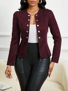 SHEIN Lady Four Season/ Church Attire Office Dinner Date Date Night/ Suede Burgundy Button Detail Open Front Jacket In Fall/Winter Elegant Christmas - Redwood - View 7