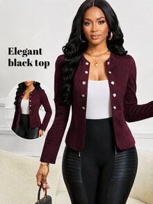 SHEIN Lady Four Season/ Church Attire Office Dinner Date Date Night/ Suede Burgundy Button Detail Open Front Jacket In Fall/Winter Elegant Christmas - Redwood - View 1