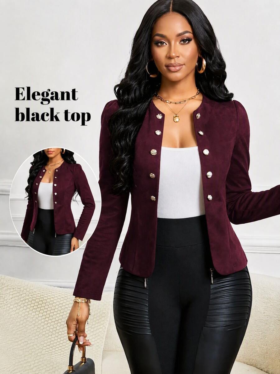 SHEIN Lady Four Season/ Church Attire Office Dinner Date Date Night/ Suede Burgundy Button Detail Open Front Jacket In Fall/Winter Elegant Christmas - Redwood - View 1