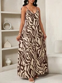 SHEIN Lady فستان ماكسي كاجوال بحمالات وجيوب بطبعة زيبرا للنساء للعطلات - لون مشمشي - مشاهدة 5