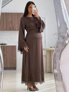 MaterniWear Maternity Solid Color Round Neck Contrast Lace Flared Sleeve Elegant Dress - Brown - View 4