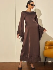 MaterniWear Maternity Solid Color Round Neck Contrast Lace Flared Sleeve Elegant Dress - Brown - View 9