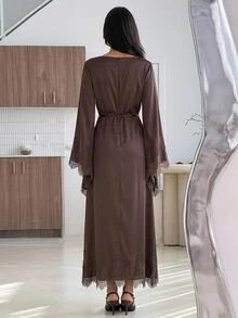 MaterniWear Maternity Solid Color Round Neck Contrast Lace Flared Sleeve Elegant Dress - Brown - View 5