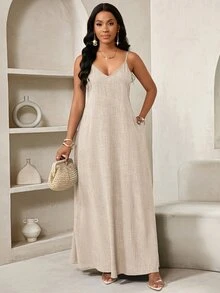 SHEIN Lady Women Light Beige Summer Casual Vacation Boho Backless Loose Cami Maxi DressBirthday&Event Tropical Beach - Khaki - View 7
