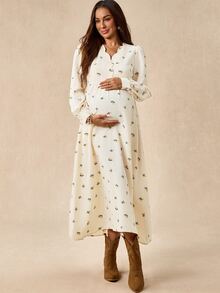 Boho Mama Maternity All-Over Print Pleated Casual Party & Travel Dress - Apricot - View 2