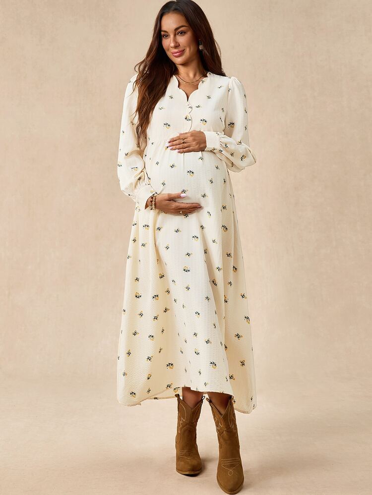 Boho Mama Maternity All-Over Print Pleated Casual Party & Travel Dress - Apricot - View 2