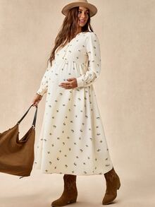 Boho Mama Maternity All-Over Print Pleated Casual Party & Travel Dress - Apricot - View 6
