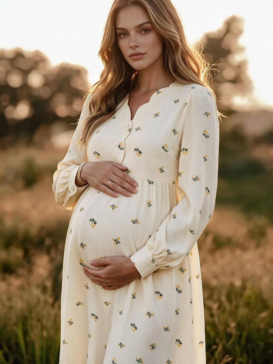 Boho Mama Maternity All-Over Print Pleated Casual Party & Travel Dress - Apricot - View 1