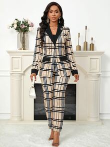SHEIN Lady Plaid Patchwork Office Business Beige Collar Women's Blazer And Pants, 2 Pieces Set For Fall/ Daily Work And Gatherings Casual Elegant - Apricot - View 6