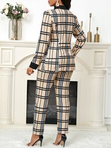 SHEIN Lady Plaid Patchwork Office Business Beige Collar Women's Blazer And Pants, 2 Pieces Set For Fall/ Daily Work And Gatherings Casual Elegant - Apricot - View 2