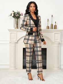 SHEIN Lady Plaid Patchwork Office Business Beige Collar Women's Blazer And Pants, 2 Pieces Set For Fall/ Daily Work And Gatherings Casual Elegant - Apricot - View 1