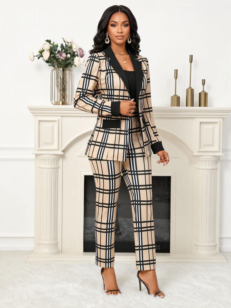 SHEIN Lady Plaid Patchwork Office Business Beige Collar Women's Blazer And Pants, 2 Pieces Set For Fall/ Daily Work And Gatherings Casual Elegant - Apricot - View 1