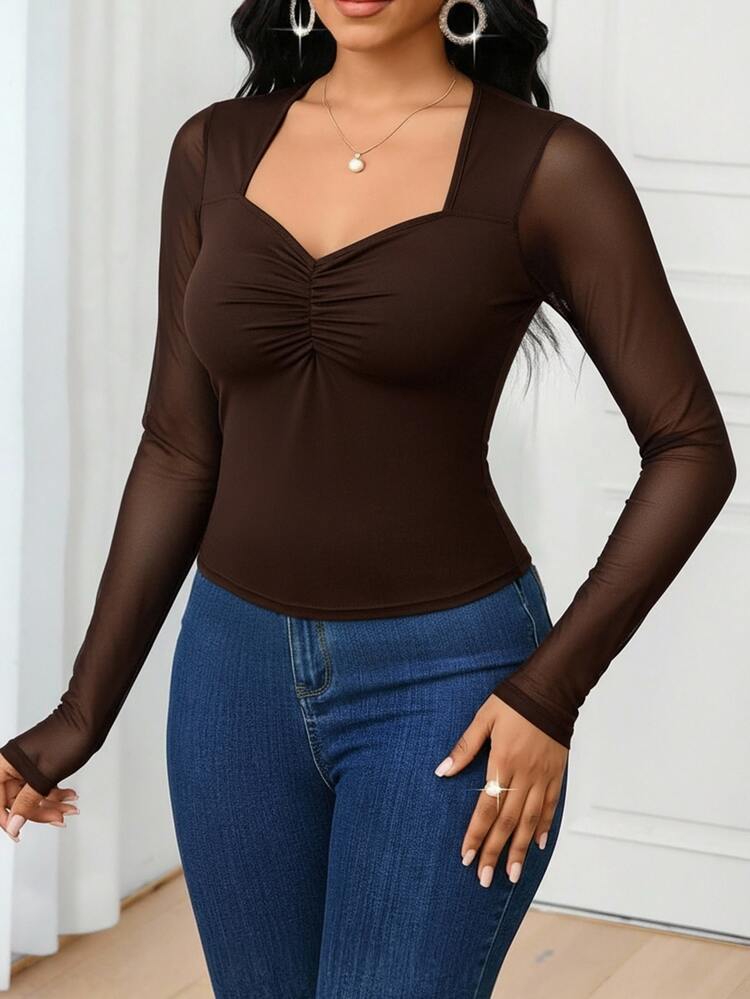 SHEIN Lady 2025 New Women's Brown Solid Color Sweetheart Collar Raglan Long Sleeve Fitted Fashion T-Shirt,Brown Top - Brown - View 3