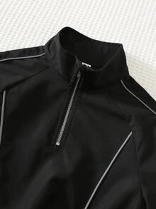SHEIN Bubblio 兒童男童 2 件組休閒套裝，落肩袖長袖立領裝飾半拉鍊秋季夾克搭配鬆緊腰長褲，抓絨加厚 - 黑色 - 查看 5