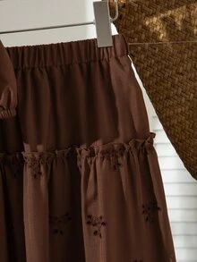 SHEIN Tween女孩 2件組兒童夏季深棕色休閒可愛奶牛女孩家庭套裝韓版短袖森系上衣度假款 - 棕色 - 查看 11