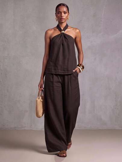 Zivah Quần linen màu nâu dáng ôm nhún cổ yếm sát nách, trang trí kim loại, phong cách cơ bản dễ phối, casual, cho mùa Xuân/Hè, lễ hội âm nhạc, Lễ Phục sinh, St. Patrick's Day, Valentine, hẹn hò, phong cách Western, phong cách du mục, tiệc sinh nhật, mùa tốt nghiệp, phong cách đại học, đồ sinh viên, streetwear hàng ngày, đi chơi ngày lễ, mặc công sở