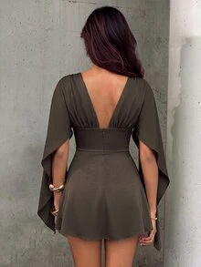 Aloruh Elegant And Sexy Women's Brown Mini Dress Featuring A Mixed-Material Design And A Shawl-Style Overlay-Suitable For Nights Out, Clubbing, Or As A Hallo - Coffee Brown - View 3