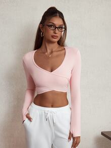 Sovereign Charm Cropped Criss-Cross Pleated Long Sleeve Sports Top - Pink - View 3