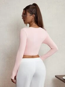 Sovereign Charm Cropped Criss-Cross Pleated Long Sleeve Sports Top - Pink - View 2