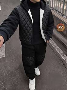 SHEIN Kids Tween Boy Thermal Lined Thick Black Baseball Jacket Sweatpants Sports Outfit Set, Hooded Sweatshirt Set, Fall Winter School Family Gathering - Black - View 2