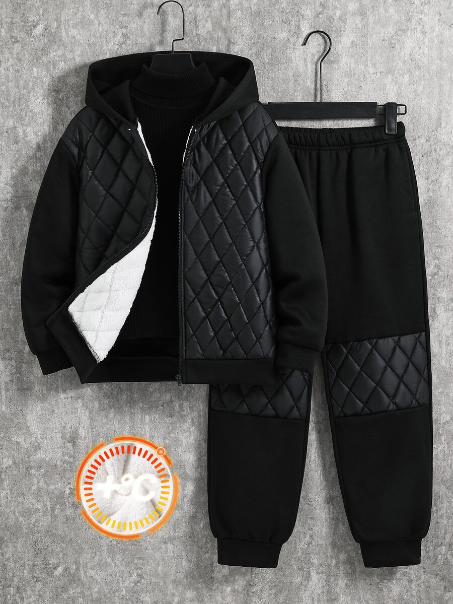 SHEIN Kids Tween Boy Thermal Lined Thick Black Baseball Jacket Sweatpants Sports Outfit Set, Hooded Sweatshirt Set, Fall Winter School Family Gathering - Black - View 1