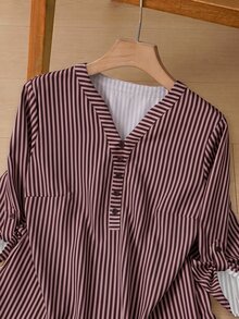 Rusticease 秋季女款教師節上衣襯衫，適合外出與辦公室工作，藍白條紋休閒女襯衫 - 棕色 - 查看 3