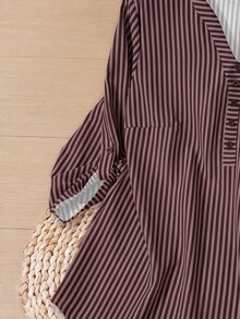 Rusticease 秋季女款教師節上衣襯衫，適合外出與辦公室工作，藍白條紋休閒女襯衫 - 棕色 - 查看 4