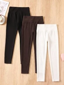 SHEIN 3件組青少年女孩愛心印花保暖內裡緊身褲，黑色與粉色，冬季可愛校園風高腰舒適純色慢跑褲，適合秋季 - 彩色 - 查看 2