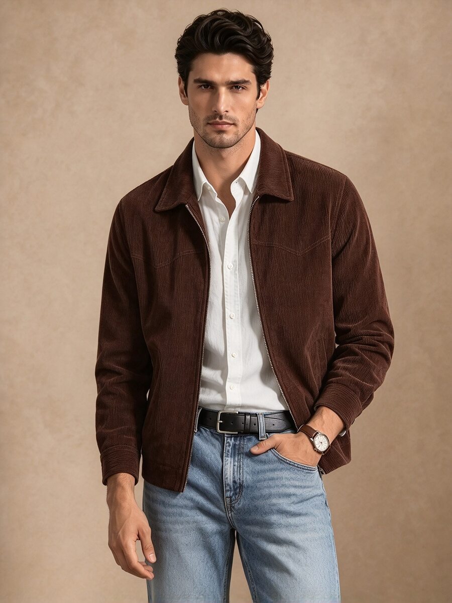 Core Aspect Men's Coffee Brown Corduroy Jacket, Minimalist Design Zipper Top, Casual Everyday Wear - Coffee Brown - View 1