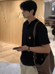 DAZY Kaos Kasual Pria Hitam dengan Label, Musim Panas - Hitam - View 3